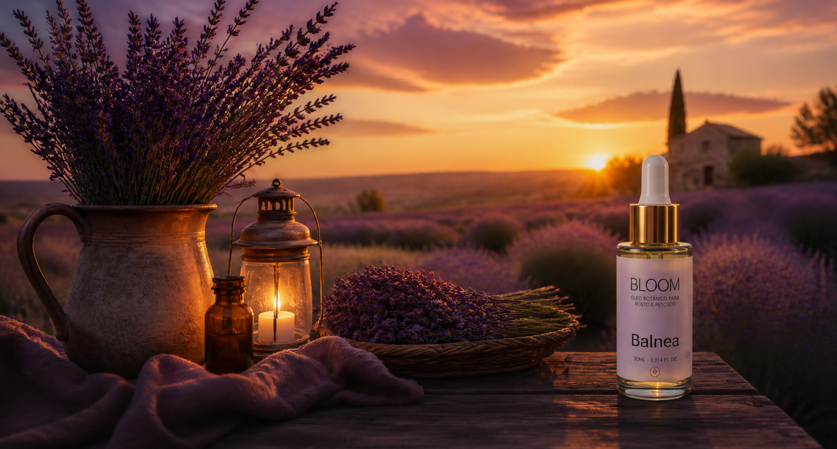 Bloom · óleo botânico Balnea em campo de lavanda ao entardecer