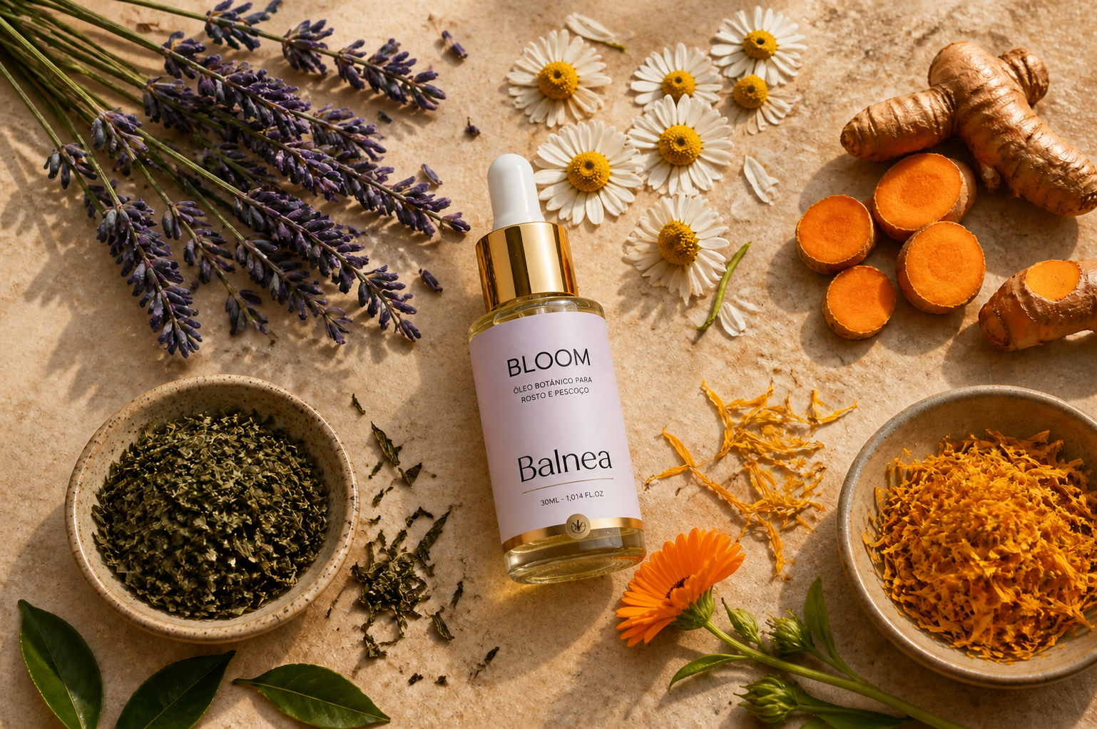 Ingredientes botânicos: lavanda, camomila, cúrcuma, chá verde e calêndula