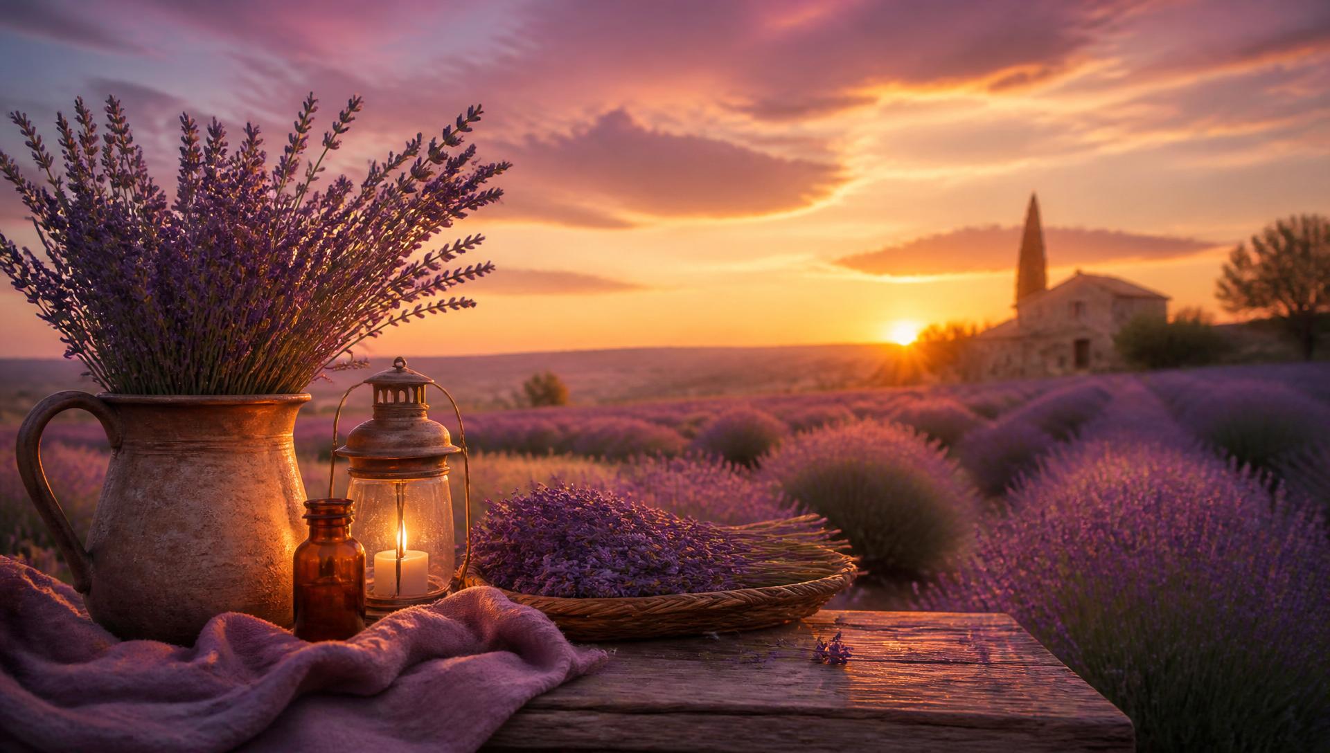Campo de lavanda ao entardecer, natureza que acompanha a transição